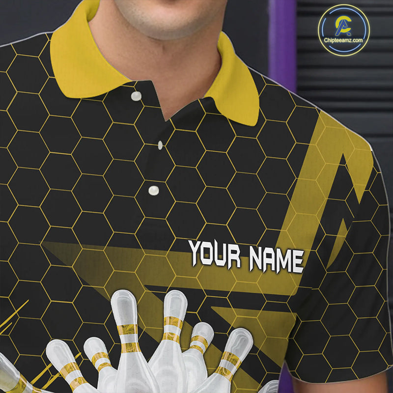Black And Gold Custom Bowling Polo, Quarter Zip Shirts For Men, Bowling Team League Jersey NQS9810