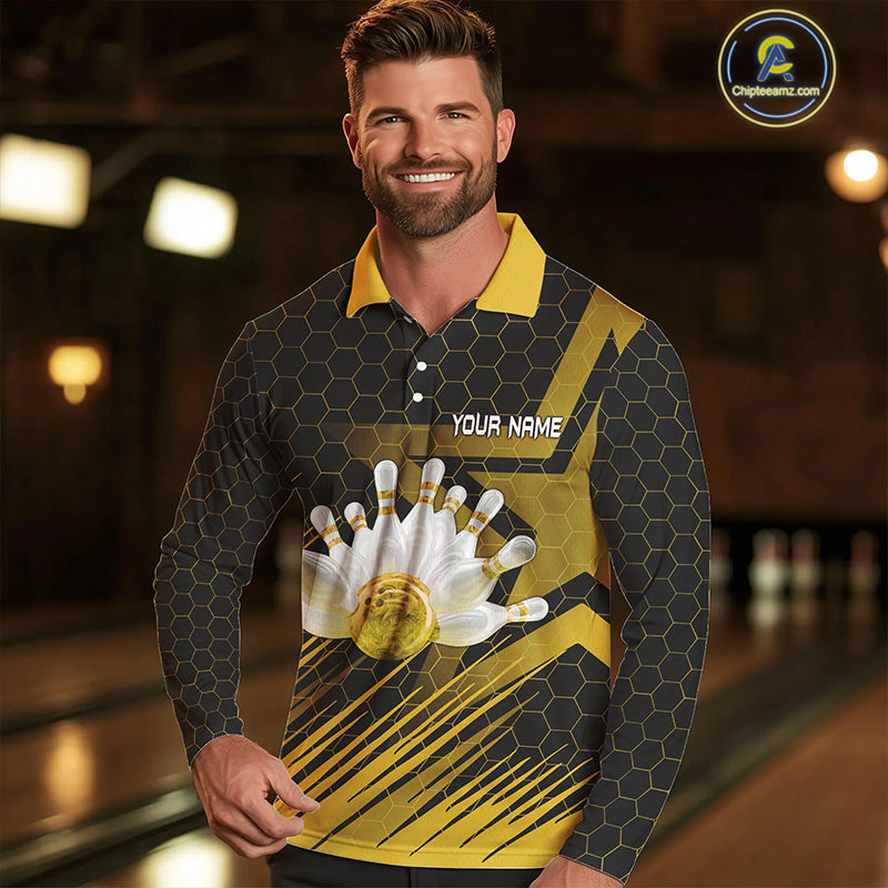 Black And Gold Custom Bowling Polo, Quarter Zip Shirts For Men, Bowling Team League Jersey NQS9810