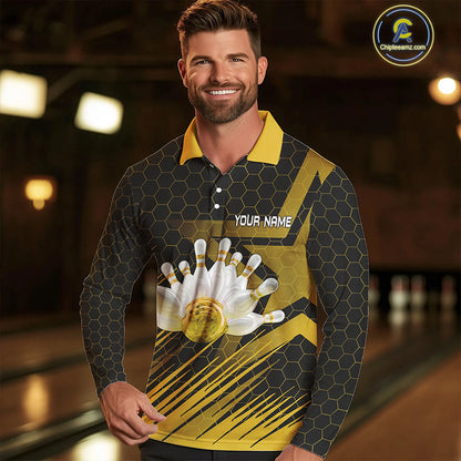 Black And Gold Custom Bowling Polo, Quarter Zip Shirts For Men, Bowling Team League Jersey NQS9810