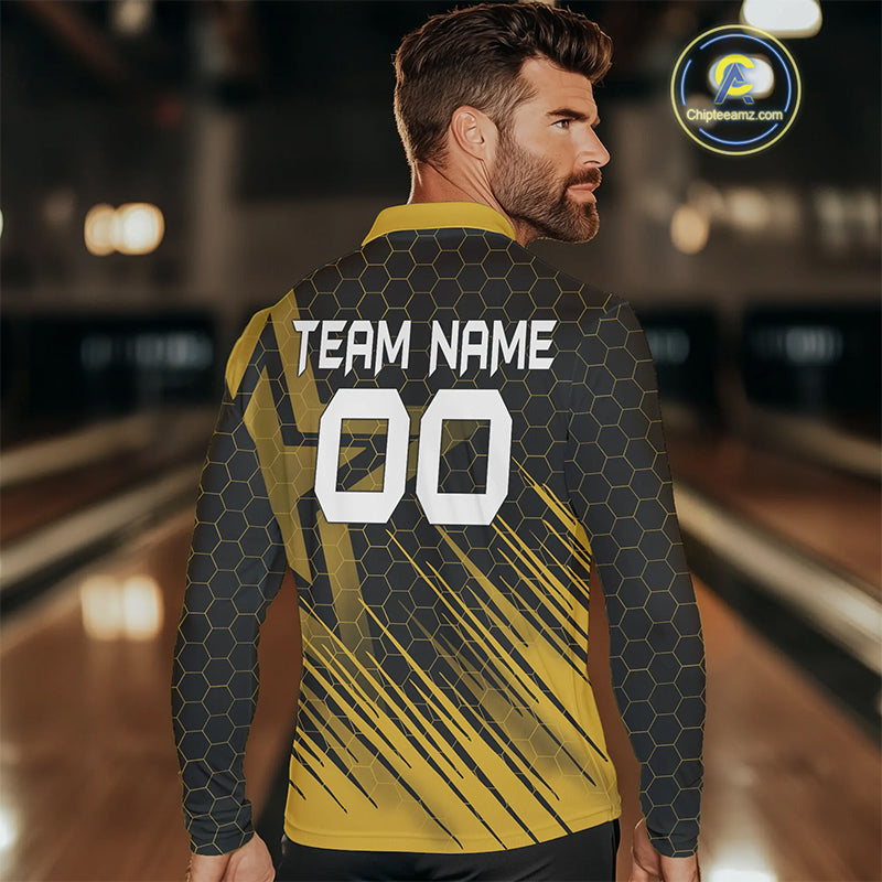 Black And Gold Custom Bowling Polo, Quarter Zip Shirts For Men, Bowling Team League Jersey NQS9810