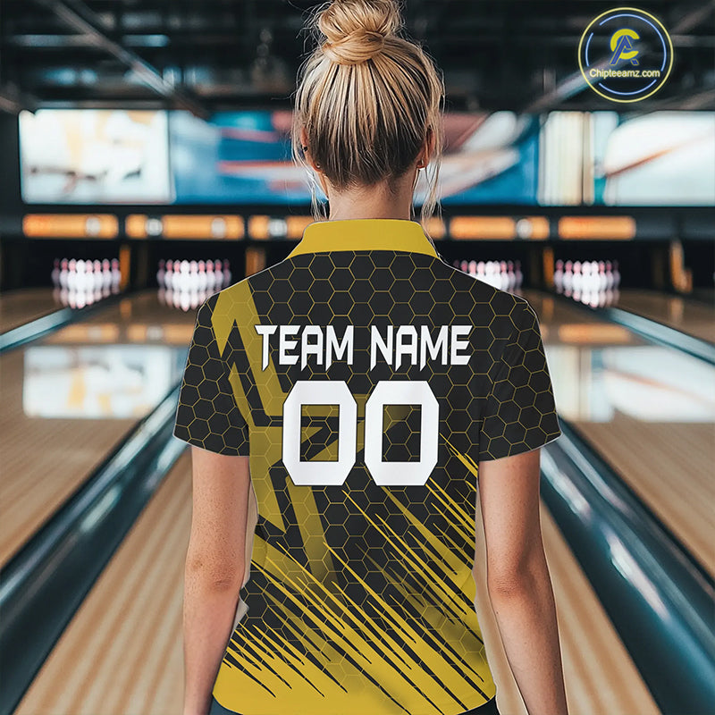Black And Gold Custom Bowling Polo, Quarter Zip Shirts For Women, Bowling Team League Jersey NQS9810