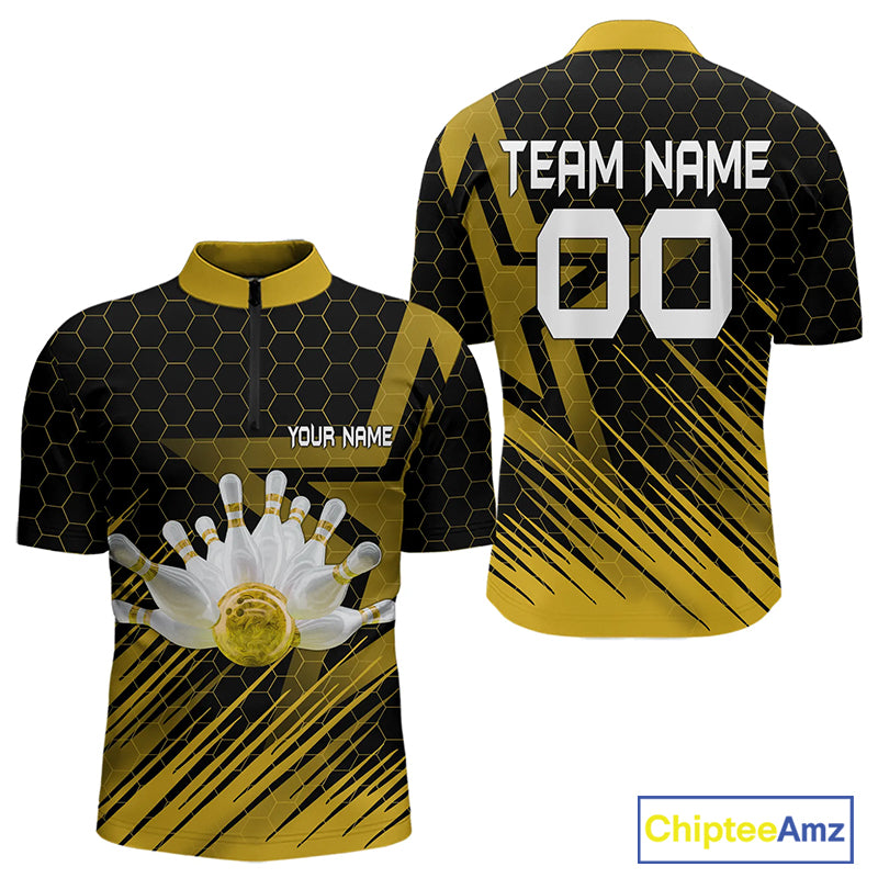 Black And Gold Custom Bowling Polo, Quarter Zip Shirts For Men, Bowling Team League Jersey NQS9810