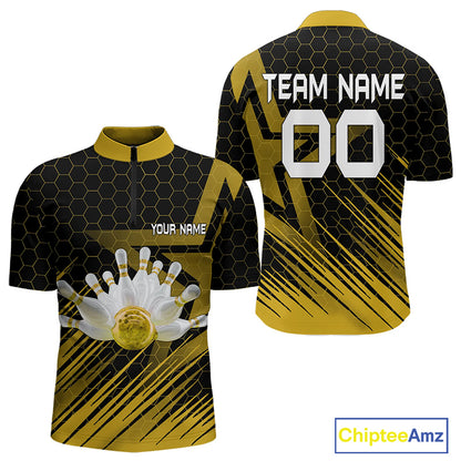 Black And Gold Custom Bowling Polo, Quarter Zip Shirts For Men, Bowling Team League Jersey NQS9810