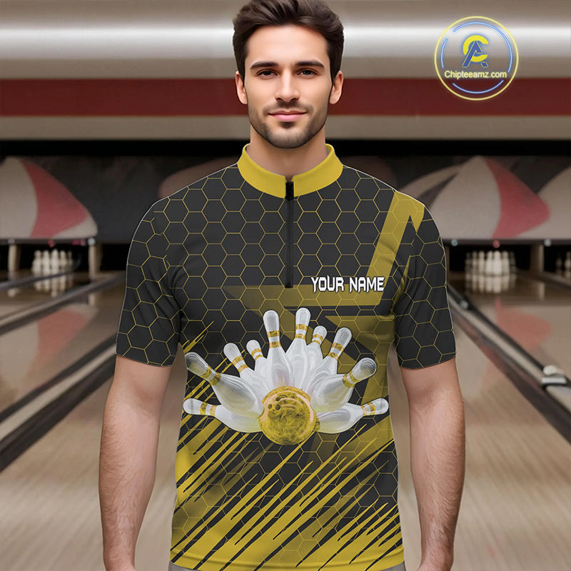 Black And Gold Custom Bowling Polo, Quarter Zip Shirts For Men, Bowling Team League Jersey NQS9810