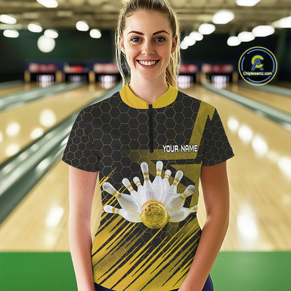 Black And Gold Custom Bowling Polo, Quarter Zip Shirts For Women, Bowling Team League Jersey NQS9810