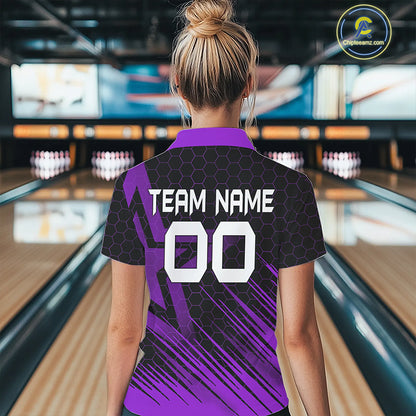 Black And Purple Custom Bowling Polo, Quarter Zip Shirts For Women, Bowling Team League Jersey NQS9811