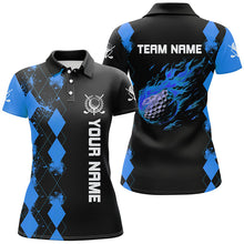 Load image into Gallery viewer, Black Womens golf polo shirts custom blue argyle pattern flame golf ball golf tops for team ladies NQS7713