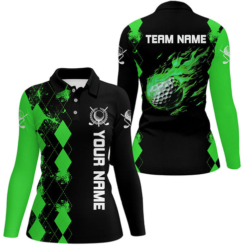 Black Womens golf polo shirts custom green argyle pattern flame golf ball golf tops for team ladies NQS7714
