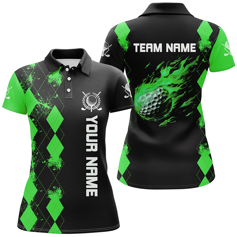Black Womens golf polo shirts custom green argyle pattern flame golf ball golf tops for team ladies NQS7714