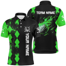 Load image into Gallery viewer, Black Mens golf polo shirts custom green argyle pattern flame golf ball golf tops for mens NQS7714