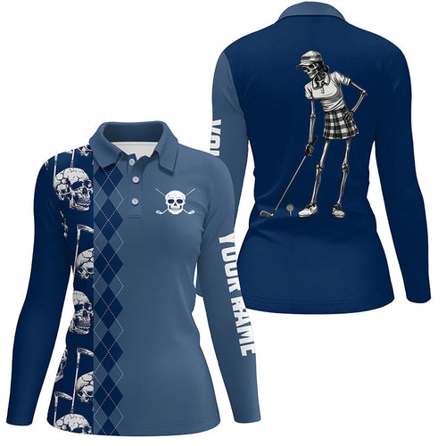 Blue navy skull argyle pattern custom Women golf polo shirts, women's golf tops NQS7719
