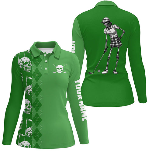 Green skull argyle pattern custom Women golf polo shirts, women's golf tops NQS7720