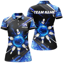 Load image into Gallery viewer, Black and Blue Flame Bowling ball pins Women polo, Quarter zip Shirts Custom team Bowling jerseys NQS7972