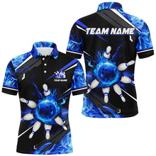 Load image into Gallery viewer, Black and Blue Flame Bowling ball pins Mens polo, Quarter zip Shirts Custom team Bowling jerseys NQS7972