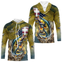Load image into Gallery viewer, Walleye Fishing Scales Camo American Flag Faith patriotic Custom UV protection long sleeves shirts NQS9310