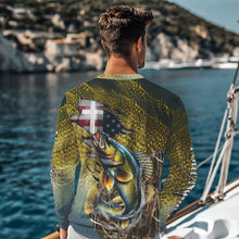 Load image into Gallery viewer, Walleye Fishing Scales Camo American Flag Faith patriotic Custom UV protection long sleeves shirts NQS9310