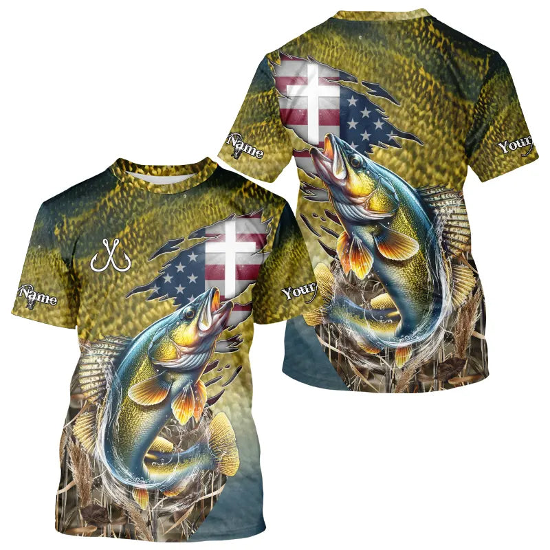 Walleye Fishing Scales Camo American Flag Faith patriotic Custom UV protection long sleeves shirts NQS9310