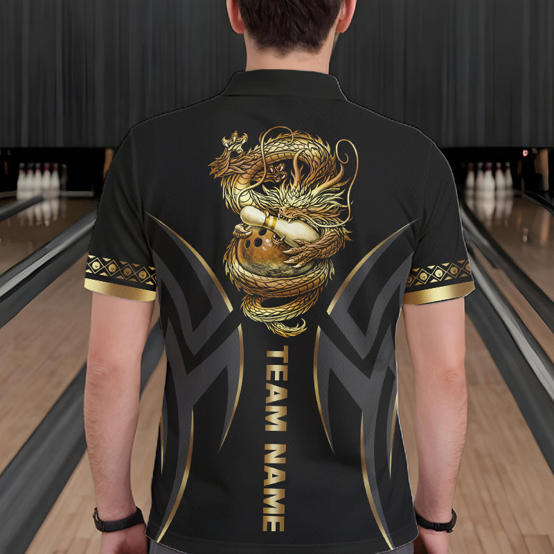 Black and Gold Dragon Bowling ball Polo, Quarter Zip Shirts for Men Custom Bowling Team jerseys NQS11579