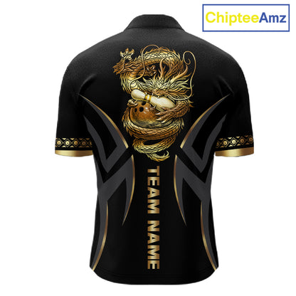 Black and Gold Dragon Bowling ball Polo, Quarter Zip Shirts for Men Custom Bowling Team jerseys NQS11579