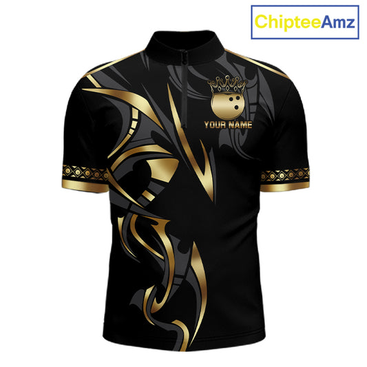 Black and Gold Dragon Bowling ball Polo, Quarter Zip Shirts for Men Custom Bowling Team jerseys NQS11579