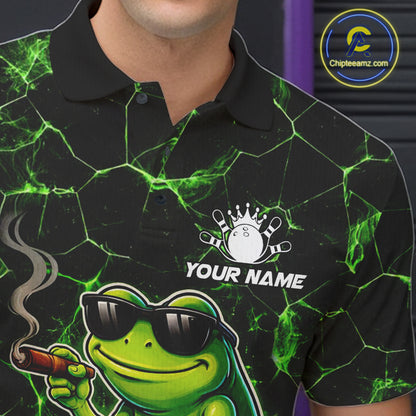Black & Green Funny Frog Bowling Polo, 1/4 zip Shirts for Men Custom Team Frog Bowling League Jersey NQS11583
