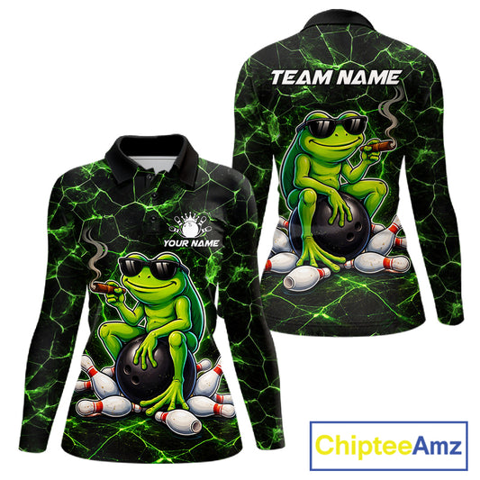 Black & Green Funny Frog Bowling Polo, 1/4 zip Shirt for Women Custom Team Frog Bowling League Jersey NQS11583