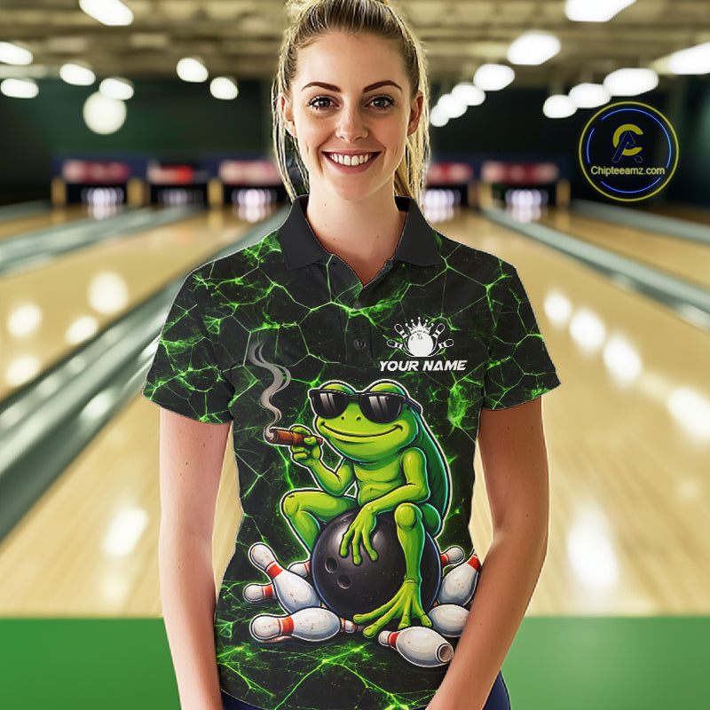Black & Green Funny Frog Bowling Polo, 1/4 zip Shirt for Women Custom Team Frog Bowling League Jersey NQS11583