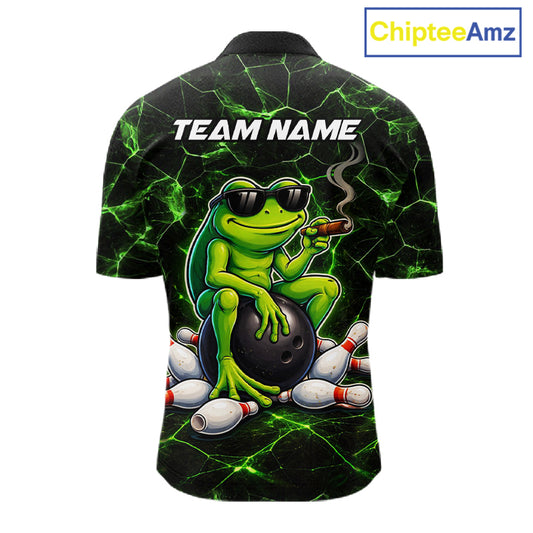 Black & Green Funny Frog Bowling Polo, 1/4 zip Shirts for Men Custom Team Frog Bowling League Jersey NQS11583