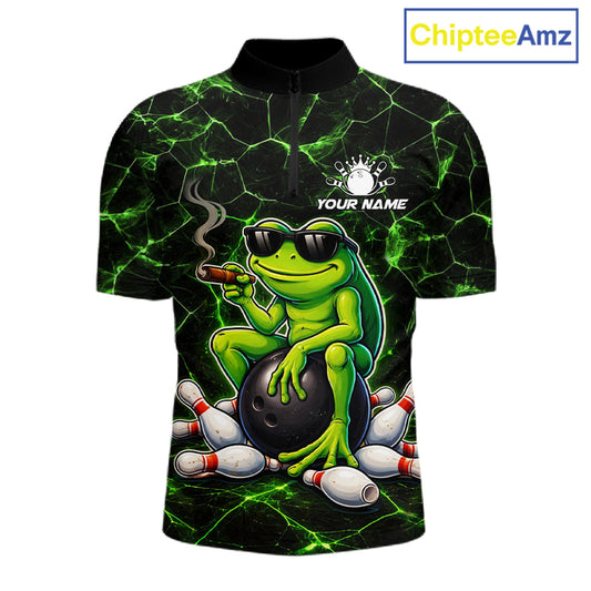 Black & Green Funny Frog Bowling Polo, 1/4 zip Shirts for Men Custom Team Frog Bowling League Jersey NQS11583