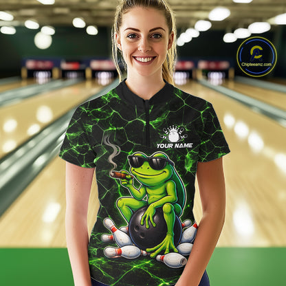 Black & Green Funny Frog Bowling Polo, 1/4 zip Shirt for Women Custom Team Frog Bowling League Jersey NQS11583