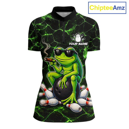 Black & Green Funny Frog Bowling Polo, 1/4 zip Shirt for Women Custom Team Frog Bowling League Jersey NQS11583