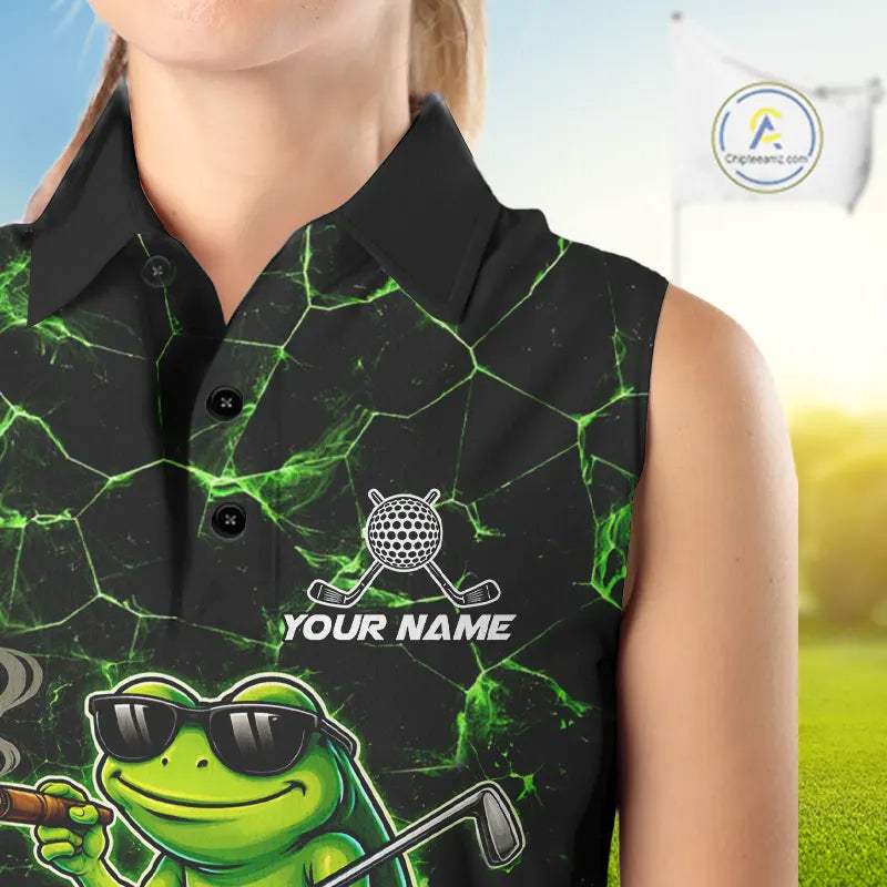 Black & Green Funny Frog Sleeveless Golf Polo shirts Custom team golf shirts, ladies golf clothes NQS11584