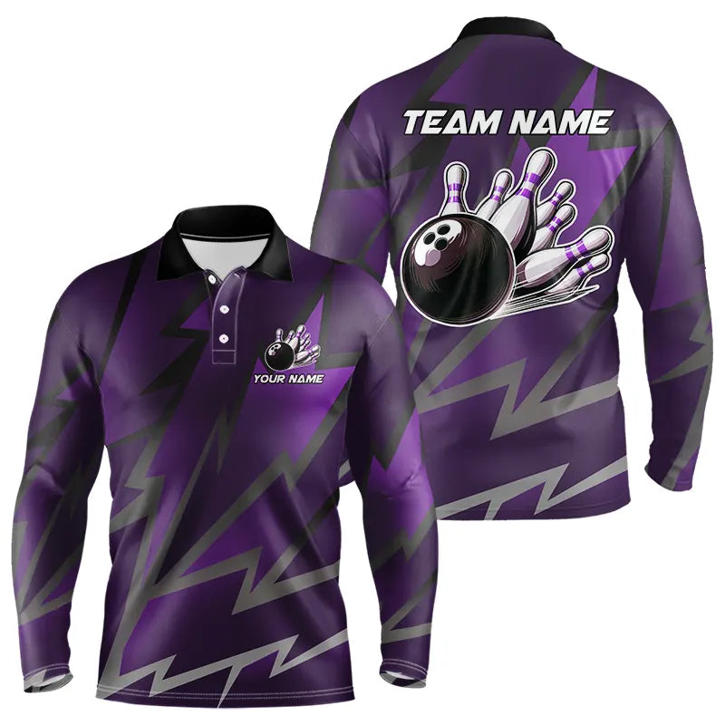 Purple Lightning Thunder Storm Team bowling shirts for Men custom bowling Polo, Quarter zip jerseys NQS9625