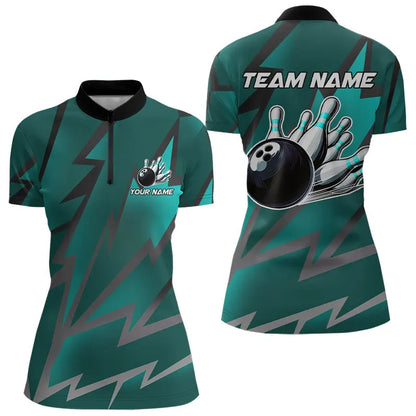 Cyan Blue Lightning Thunder Storm Team bowling shirt for women custom bowling Polo, Quarter zip jersey NQS9626