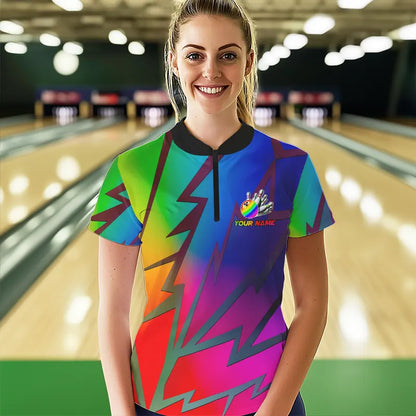 Colorful Rainbow Lightning Thunder Team bowling shirt for women custom bowling Polo, 1/4 zip jersey NQS9627