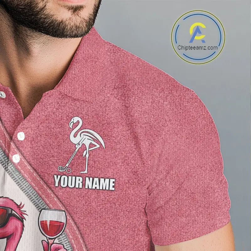 Custom Funny Pink Flamingo Drink Wine Golf Polo Shirts For Men, Flamingo Mens Golf tops NQS11711