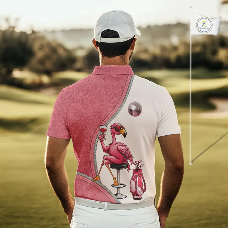Custom Funny Pink Flamingo Drink Wine Golf Polo Shirts For Men, Flamingo Mens Golf tops NQS11711