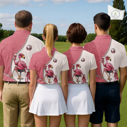 Custom Funny Pink Flamingo Drink Wine Golf Polo Shirts For Women, Flamingo Ladies Golf tops NQS11711