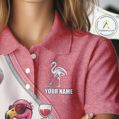Custom Funny Pink Flamingo Drink Wine Golf Polo Shirts For Women, Flamingo Ladies Golf tops NQS11711