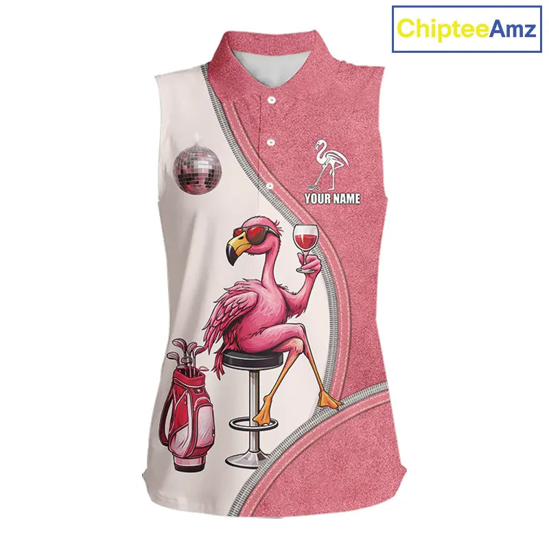 Custom Funny Pink Flamingo Drink Wine Women Sleeveless Golf Polo Shirts, Flamingo Ladies Golf tops NQS11711