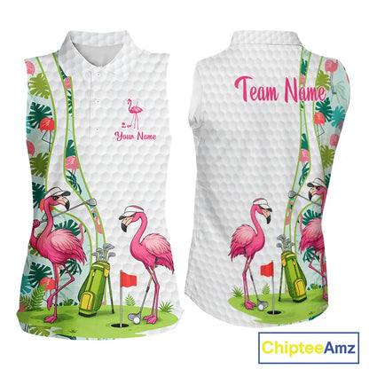 Funny Pink Flamingo Sleeveless Golf polo shirt custom tropical monstera leaf pattern golf shirts NQS11713