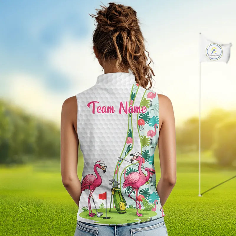 Funny Pink Flamingo Sleeveless Golf polo shirt custom tropical monstera leaf pattern golf shirts NQS11713