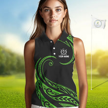 Load image into Gallery viewer, Black and Green Tribal Pattern Golf Ball Women Sleeveless Polo Shirt custom unique ladies golf apparel NQS9820