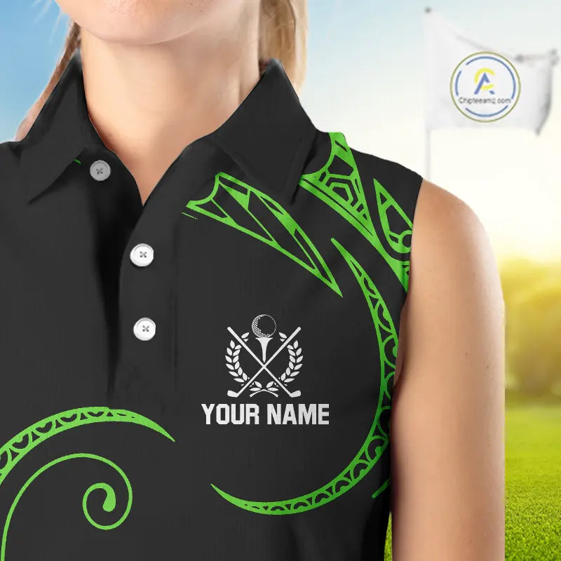 Black and Green Tribal Pattern Golf Ball Women Sleeveless Polo Shirt custom unique ladies golf apparel NQS9820