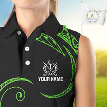 Load image into Gallery viewer, Black and Green Tribal Pattern Golf Ball Women Sleeveless Polo Shirt custom unique ladies golf apparel NQS9820