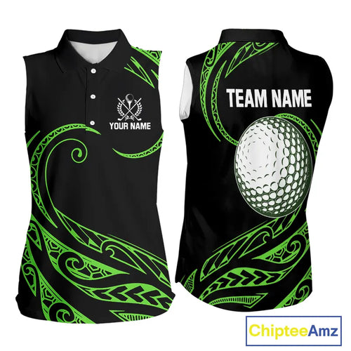Black and Green Tribal Pattern Golf Ball Women Sleeveless Polo Shirt custom unique ladies golf apparel NQS9820