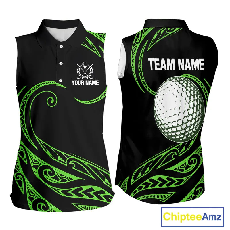Black and Green Tribal Pattern Golf Ball Women Sleeveless Polo Shirt custom unique ladies golf apparel NQS9820