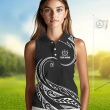 Load image into Gallery viewer, Black and White Tribal Pattern Golf Ball Women Sleeveless Polo Shirt custom unique ladies golf apparel NQS9821