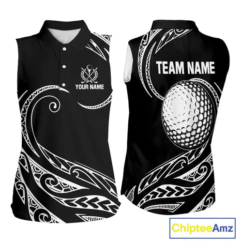 Black and White Tribal Pattern Golf Ball Women Sleeveless Polo Shirt custom unique ladies golf apparel NQS9821