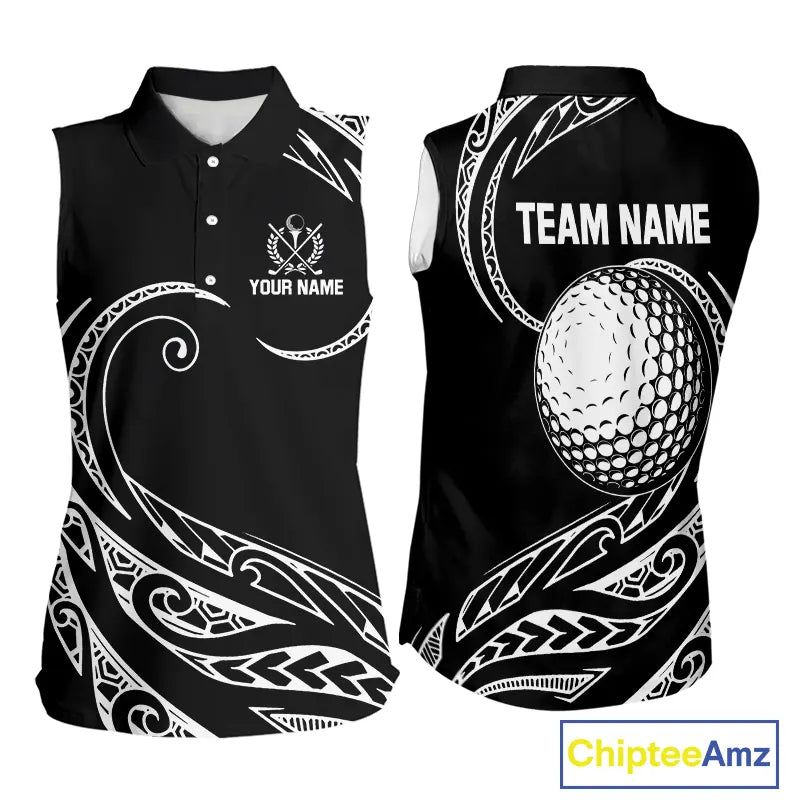 Black and White Tribal Pattern Golf Ball Women Sleeveless Polo Shirt custom unique ladies golf apparel NQS9821